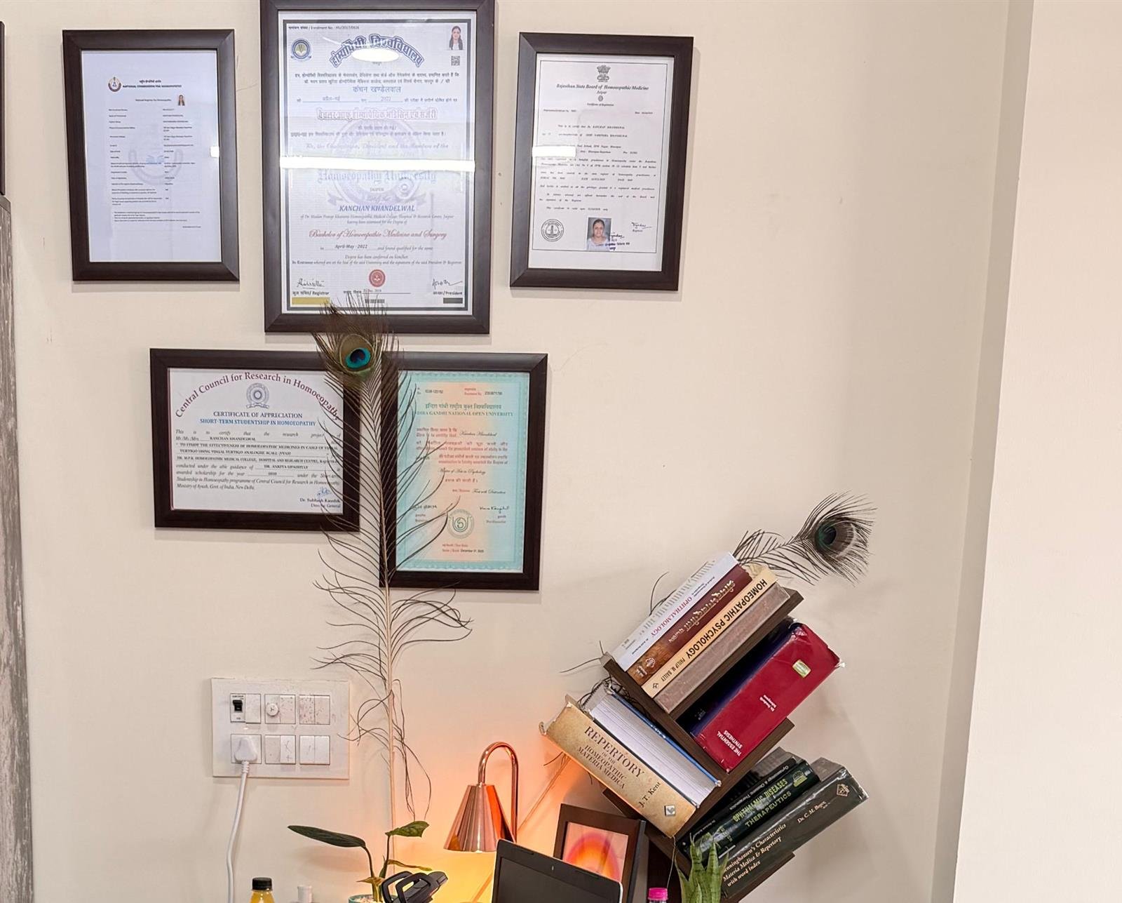 Credentials and consultation space at Sudarshan Homeopathy in Mansarovar, Jaipur